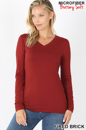 Buttery Soft Long Sleeve V Neck Stretch fitted T - Asst colors by Zenana