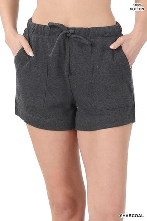 Zenana Drawstring Waist Patch Pocket Shorts - Asst colors