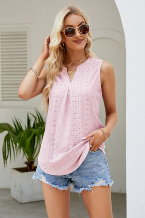 Notched Neck Curved Hem Eyelet Tank - 8 colors