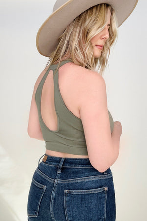 Ribbed Henley V Neck Brami Bralette Crop Tank Top by Zenana