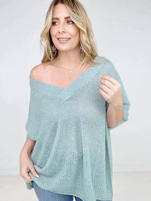 Zenana Oversized V-Neck Sheer Knit Top - Blue Grey