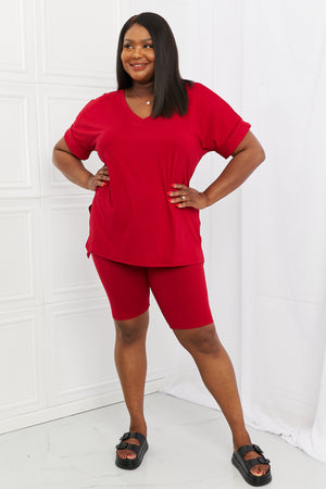 Zenana Buttery soft V-neck Bike Shorts Set in Burgundy
