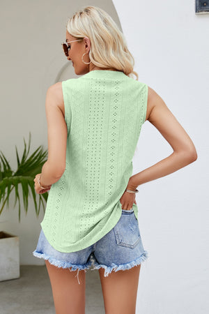 Notched Neck Curved Hem Eyelet Tank - 8 colors