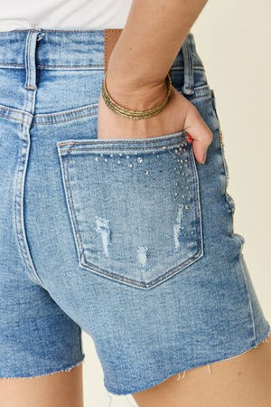 Judy Blue High Waist Med Wash Rhinestone Embellished Denim Shorts