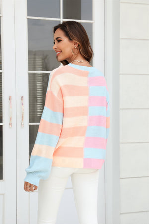 Round Neck Long Sleeve Color Block Dropped Shoulder Pullover Sweater - 3 colors