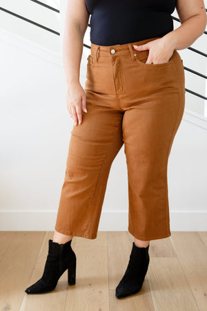 Judy Blue High Rise Tummy Control Wide Leg Crop Jeans in Camel