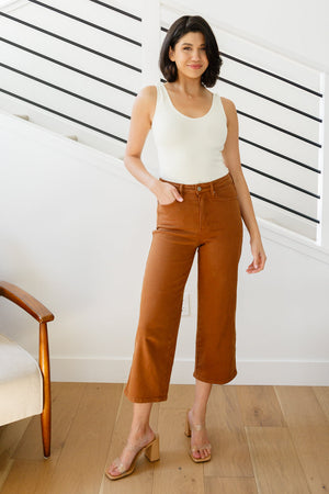 Judy Blue High Rise Tummy Control Wide Leg Crop Jeans in Camel