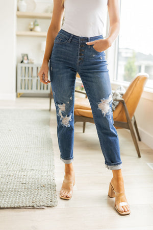 Judy Blue High Waist Button Fly Distressed Boyfriend Jeans - size 24
