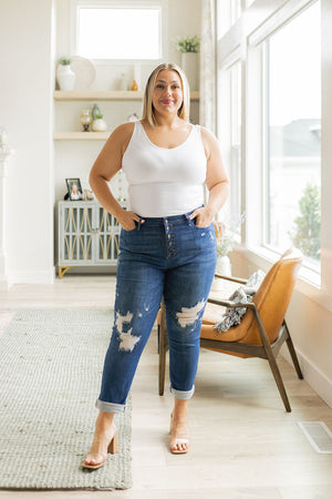 Judy Blue High Waist Button Fly Distressed Boyfriend Jeans - size 24