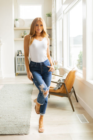 Judy Blue High Waist Button Fly Distressed Boyfriend Jeans - size 24