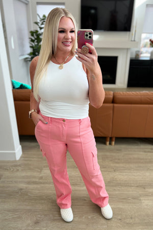 Judy Blue High Waist Cargo Straight Jeans in Garment Dyed Pink