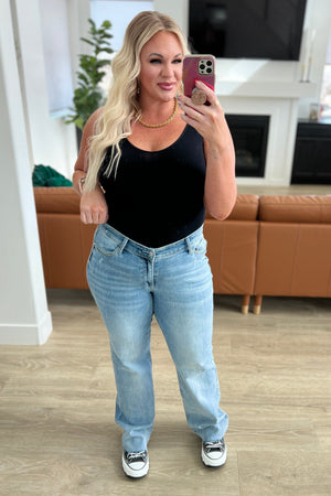 Judy Blue High Rise V Front Waistband Straight Leg Raw Hem Jeans