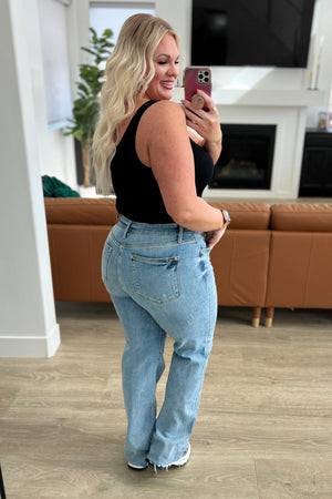 Judy Blue High Rise V Front Waistband Straight Leg Raw Hem Jeans