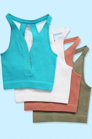 Ribbed Henley V Neck Brami Bralette Crop Tank Top by Zenana