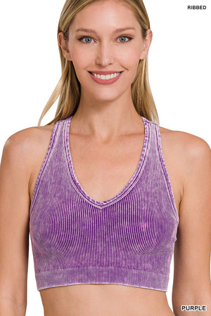 Ribbed Cropped Racerback Mineral Washed Tank Top Brami bralette by Zenana 6128