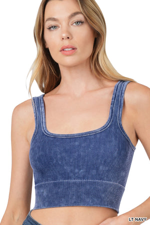 Ribbed Cropped Square Neck Mineral Washed Bralette by Zenana 6138