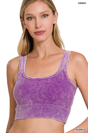 Ribbed Cropped Square Neck Mineral Washed Bralette by Zenana 6138