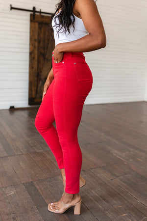 Judy Blue High Waist Control Top Garment Dyed Skinny Jeans in Ruby Red