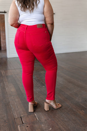Judy Blue High Waist Control Top Garment Dyed Skinny Jeans in Ruby Red