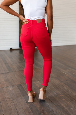 Judy Blue High Waist Control Top Garment Dyed Skinny Jeans in Ruby Red