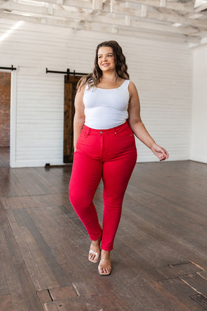 Judy Blue High Waist Control Top Garment Dyed Skinny Jeans in Ruby Red
