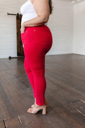 Judy Blue High Waist Control Top Garment Dyed Skinny Jeans in Ruby Red