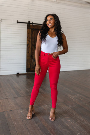 Judy Blue High Waist Control Top Garment Dyed Skinny Jeans in Ruby Red