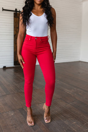 Judy Blue High Waist Control Top Garment Dyed Skinny Jeans in Ruby Red