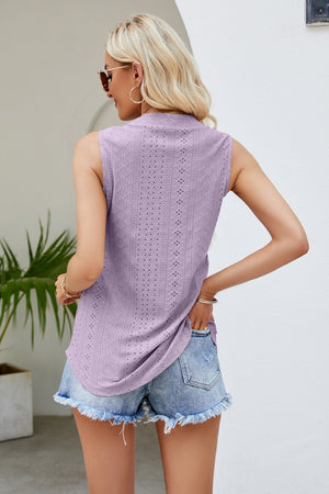 Notched Neck Curved Hem Eyelet Tank - 8 colors