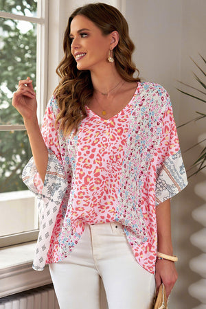 Wild Flowers Animal Boho Oversized V-Neck Blouse