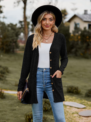 Brushed Ribbed Cardigan with Pockets - 7 colors