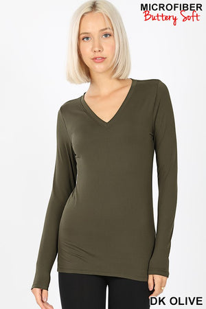 Buttery Soft Long Sleeve V Neck Stretch fitted T - Asst colors by Zenana
