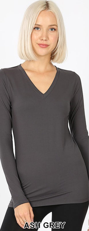 Buttery Soft Long Sleeve V Neck Stretch fitted T - Asst colors by Zenana