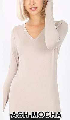 Buttery Soft Long Sleeve V Neck Stretch fitted T - Asst colors by Zenana