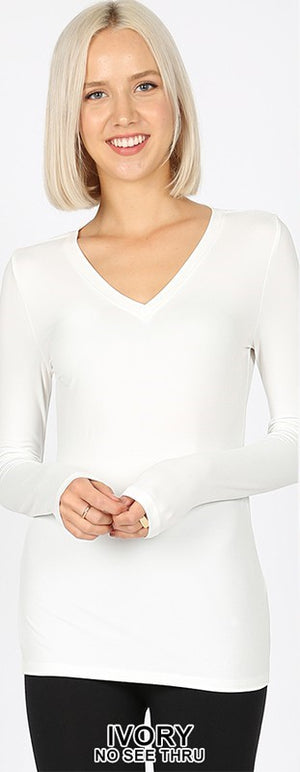 Buttery Soft Long Sleeve V Neck Stretch fitted T - Asst colors by Zenana