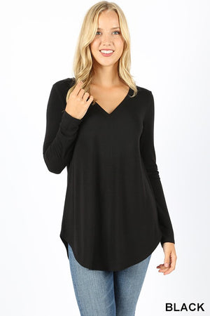 Long Sleeve V Neck Round Hem - Asst colors by Zenana
