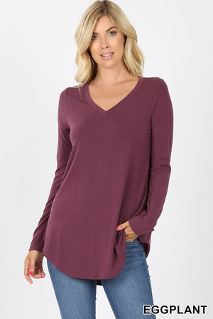 Long Sleeve V Neck Round Hem - Asst colors by Zenana